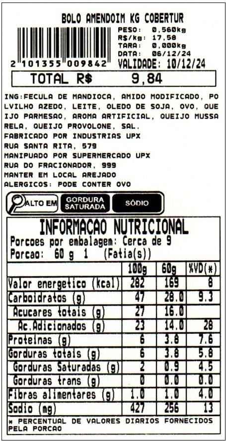 Exemplo de etiqueta impressa com informações nutricionais, código de barras e dados do produto